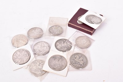 Lot 417 - G.B. - Mixed silver coins to include Crowns George IV 1821 x 2 Fair-VG, Victoria JH 1889 AF, OH 1899 GF, George V 1935 GVF, George VI 1937 EF, Double Florins Victoria JH 1889 x 2 Fair and AF, 1890...