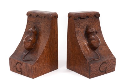 Lot 718 - Rare pair of early Robert ‘Mouseman’ Thompson bookends, each carved with initial ‘G’, 15cm high. Provenance: Ryedales Auctioneers, September 21st 2021, lot