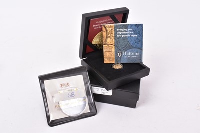 Lot 438 - Tristan Da Cunha - Hattons 22ct gold proof Quarter Sovereigns commemorating '400th Anniversary Quarter Laurel' 2019 and 'Pre-decimal 50th Anniversary' 2020 (N.B. Both with Certificates of Authentic...