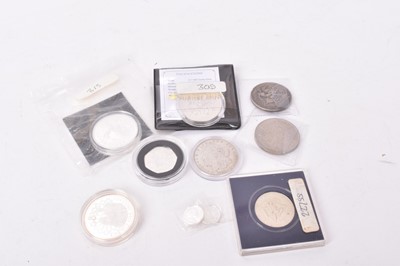 Lot 440 - World - Mixed World silver coins to include G.B. Victoria JH Crown 1892 VG, Elizabeth II Queen Mother proof £5 1990, Solomon Islands proof $5 (N.B. Obv: Gold enhanced) 2006, South Africa .999 silve...