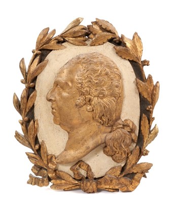 Lot 739 - Early 19th century carved oak portrait bust of Louis XVIII in laurel wreath 
surround