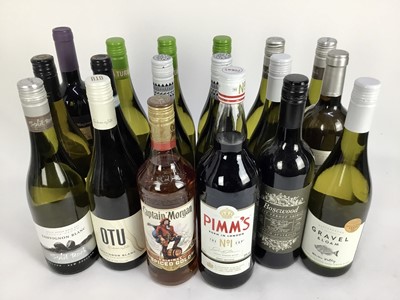 Lot 67 - Eighteen bottles, mixed red and white wines, together with a bottle of Pimm's and Captain Morgan Spiced Gold