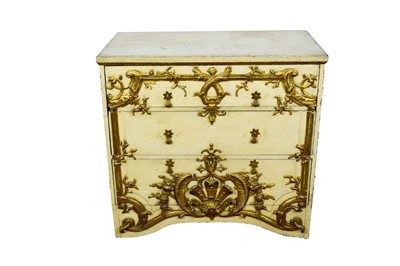Lot 1305 - Antique Continental cream and gilt painted and carved three 
drawer chest
