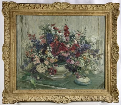 Lot 66 - E. M. Fordham, oil on board - still life summer flowers, signed, in gilt and painted frame