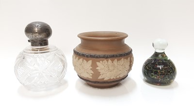 Lot 1298 - Doulton Silicon pot, cut glass scent bottle with silver lid, and four glass paperweights including Mdina