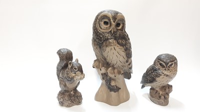 Lot 1299 - Two Poole Barbara Linley Adams stoneware Owls, 33cm high and 18cm high, together with a Squirrel, 19.5cm high