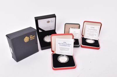 Lot 452 - G.B. - Royal Mint mixed silver proof Piedforrt coins to include £5 'Restoration of the Monarchy' 2010, £2's 'Tercentenary of Bank of England' 1994, 'A Celebration of Football' 1996 and 5p 1990 (N.B...