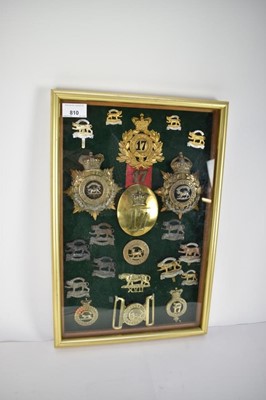 Lot 810 - Collection of 17th Regiment of Foot / Royal Leicestershire Regiment badges including Victorian Officers blue cloth helmet plate, a similar Edwardian example, belt buckle, cap and other badges.