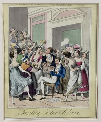 Lot 15 - Early 19th century satirical engraving -  Theatrical Pleasures 'Feasting in the saloon', London pub. Thomas McLean, 21cm x 27cm within mount unframed