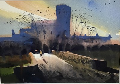 Lot 58 - Simon Jones watercolour - 'Sunset, Angle Pembrokeshire', signed in pencil, Mall Galleries Exhibition label verso, 26cm x 18cm in glazed frame, 46cm x 39cm overall.