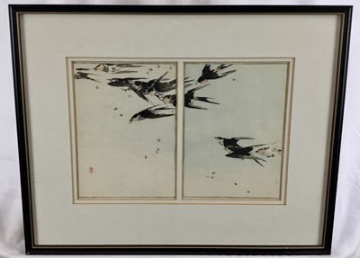 Lot 53 - Japanese print, Watanabe Seitei (1851-1918) - birds in flight, with artists seal, the two panels together measuring 30.5cm x 21cm, mounted in glazed frame, 47cm x 38cm overall