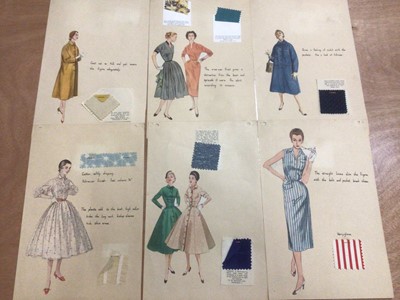 Lot 2118 - A selection of 1950's mounted and annotated samples of dressmaking / tailoring techniques with fabric swatches. Plus some sewing booklets.