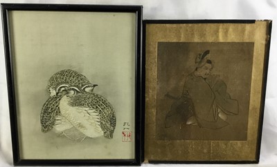 Lot 60 - Two Japanese paintings, Samurai on silk, 15.5cm x 16.5cm, in glazed frame, 20cm x 24cm overall and Partridges, 19cm x 24cm, signed in glazed frame, 21cm x 26cm overall (2)