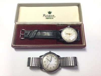 Lot 16 - Roldor Automatic wristwatch with black leather strap in original case, together with J. W. Benson stainless steel wristwatch on expandable bracelet (2)