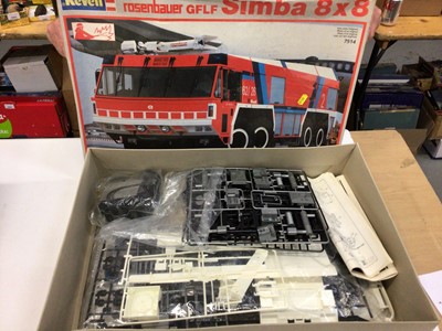 Lot 1977 - Box of model kits to include Italeri Fire Jeep "Jeep Pompier", Airfix Landrover 1 Tonne FC Ambulance, Revell '37 Ford Pickup and others.