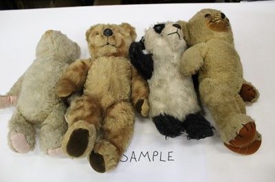 Lot 1852 - Cheeky bear with bells in ears, small mohair panda bear, golden mohair bear with black plastic and velvet pads plus a selection of other mohair toys and animals.