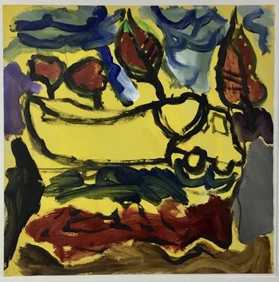 Lot 83 - Bill West, acrylic on paper - boat on a lorry in an olive grove, signed with initials