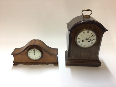 Lot 2476 - Edwardian inlaid mahogany mantle clock retailed by Mappin and Webb, with French 8 day movement striking on a gong, and a walnut cased mantle clock