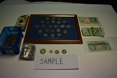 Lot 548 - World - Mixed coins and banknotes to include G.B. pre 1947 silver (N.B. Estimated face value £7.60), United States Barber ¼ $ 1909 VF, late 20th century Guernsey....