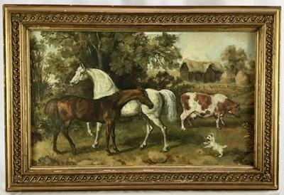 Lot 30 - English School oil on card - horses and cattle, 43.5cm x 26cm, in gilt frame, 54cm x 37cm overall