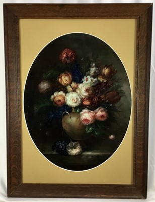 Lot 32 - Emilio Greco oil on wood board - still life of flowers, 38.5cm x 49cm in oval mount, 51cm x 68cm overall, framed
