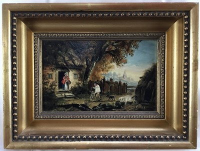 Lot 34 - Manner of George Morland two oil on panel - hunter returning 19cm x 12cm in gilt frame (30cm x 22cm overall) and winter scene, 16.5cm x 10cm in gilt frame (27cm x 20.5cm overall) (2)