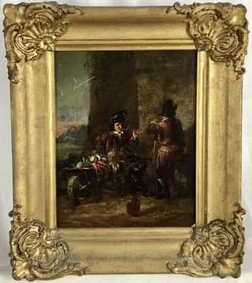 Lot 36 - Early 19th century Dutch school oil on panel- the vegetable seller, 21.5cm x 27cm, in ornate gilt frame, 34cm x 40cm overall