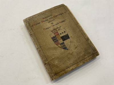Lot 1734 - Memoranda of Births, Deaths and Marriages Etc., collected by Frances Baroness Camoys, an album of paper clippings, annotated and dated, with hand drawn armorial to card cover, 25 x 18cm