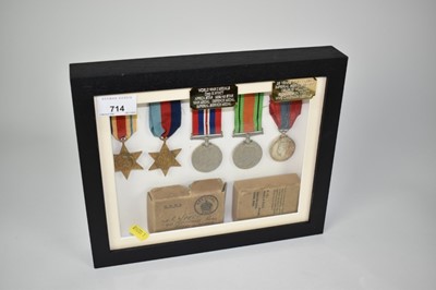 Lot 714 - Second World War and later medal group comprising 1939 - 1945 Star, Africa Star, Defence and War medals, all named to CPL. R. Wyatt and a George VI Imperial Service medal named to George William Ri...