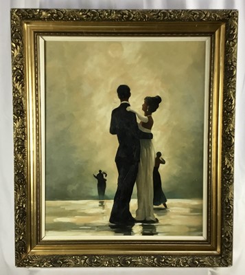 Lot 80 - Manner of Jack Vettriano, oil on canvas - dancers, 58 x 47cm, in gilt frame