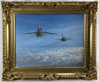 Lot 82 - Roy Gargett (1931 - 2025) oil on canvas - R.A.F. F 35B fighter jet, signed, 34cm x 44cm in gilt frame