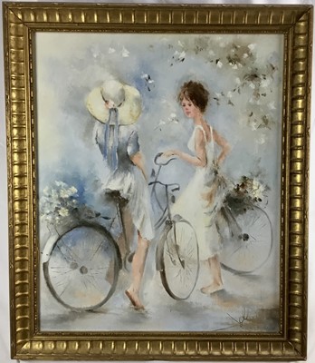 Lot 81 - French School 20th Century, oil on canvas - figures with bicycles, monogrammed, in gilt frame