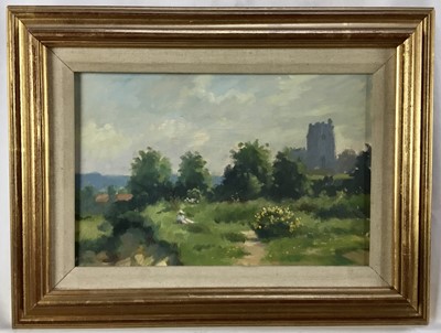 Lot 85 - Derek Chittock (1922 - 1986) oil on artist board - A view of Seal Church, Norfolk, with a figure sat on a heath 
in the foreground, Edith Grove gallery label verso, 19cm x 29cm.