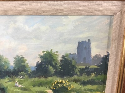 Lot 85 - Derek Chittock (1922 - 1986) oil on artist board - A view of Seal Church, Norfolk, with a figure sat on a heath 
in the foreground, Edith Grove gallery label verso, 19cm x 29cm.
