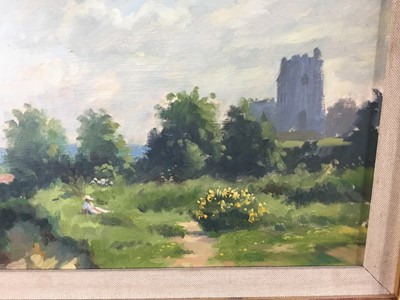 Lot 85 - Derek Chittock (1922 - 1986) oil on artist board - A view of Seal Church, Norfolk, with a figure sat on a heath 
in the foreground, Edith Grove gallery label verso, 19cm x 29cm.