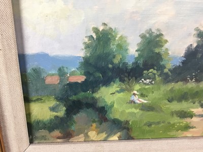 Lot 85 - Derek Chittock (1922 - 1986) oil on artist board - A view of Seal Church, Norfolk, with a figure sat on a heath 
in the foreground, Edith Grove gallery label verso, 19cm x 29cm.