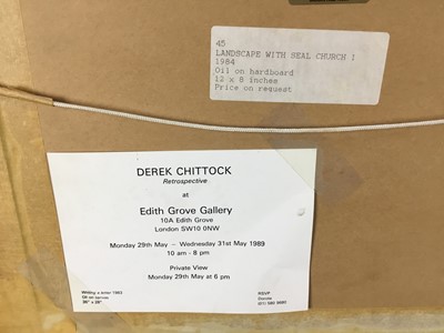 Lot 85 - Derek Chittock (1922 - 1986) oil on artist board - A view of Seal Church, Norfolk, with a figure sat on a heath 
in the foreground, Edith Grove gallery label verso, 19cm x 29cm.