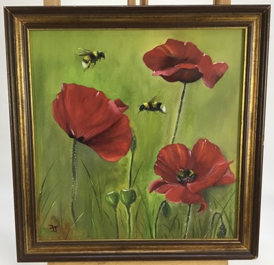 Lot 150 - Vivek Mandalia, oil on board, poppies and bumble bees, signed. 30 x 28cm.