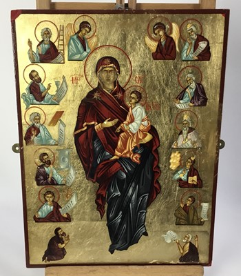 Lot 106 - Icon style oil on panel depicting The Madonna and Child and Dan saints, 40cm x 31cm