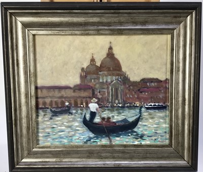 Lot 107 - David Baxter (b.1942) oil on board - The Grand Canal Venice, signed, 24cm x 29cm, framed