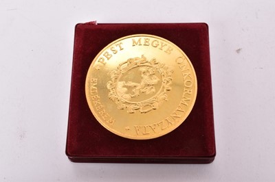 Lot 521 - Hungary - 'Pest Government County' medallions to include one in .925 silver wt. 155.5 gms, the other gold plated base metal circa late 20th century, UNC (2 medallions)