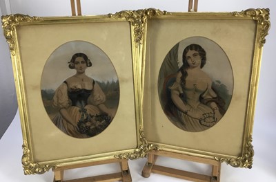 Lot 146 - Mid 19th century oil on canvas in gilt frame- portrait of a lady, together with a pair of mid 19th century hand coloured engravings in original glazed gilt frames - portraits