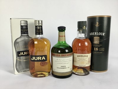 Lot 58 - Whisky - three bottles, Aberlour 16 years old, boxed, Jura single malt, boxed and Ross-Lea finest scotch whisky for Forth Engineering