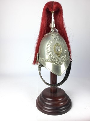 Lot 730 - Victorian Yorkshire Dragoons Troopers 1871 Pattern Dress Helmet, white metal shell with other ranks pattern Victorian crowned helmet plate, red horse hair plume, chin chains with leather band and l...