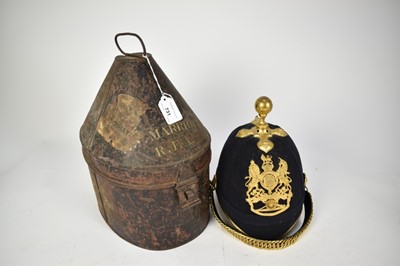 Lot 731 - Edwardian 1878 pattern Royal Artillery Officers' blue cloth helmet with gilt fittings and helmet plate, spike fitting and chin chains, interior bearing label for A & N.C.S.L., London with original...