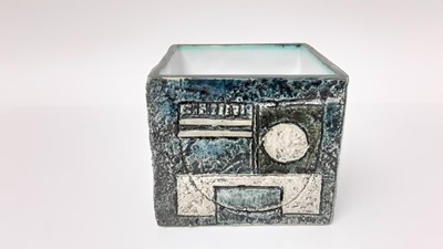 Lot 1325 - Troika pottery cube vase with abstract decoration, 9cm wide, 8cm high