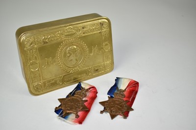 Lot 734 - First World War Princess Mary Christmas Gift tin, together with 1914 'Mons Star' named to 50380 DVR. T. F. Harms. R.F.A and a 1914 - 15 Star named to 90142 GNR. J. Thompson. R.F.A. (3)