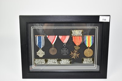 Lot 735 - Group of six First World War European campaign medals to include Belgian Croix De Guerre and Austro Hungarian Bronze Bravery medal, mounted in glazed frame.