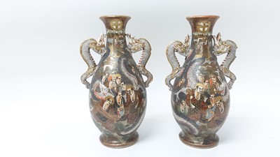 Lot 1332 - Pair of fine quality late 19th century Japanese Satsuma Dragon handle vases, full mark to base, 30cm high