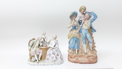 Lot 1333 - Group of eight continental late 19th century and later figures including chess players and a pair of Dresden lace work ladies